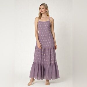 Indya Lavender Foil Tiered Georgette Maxi Dress Womens M Bohemian Evening